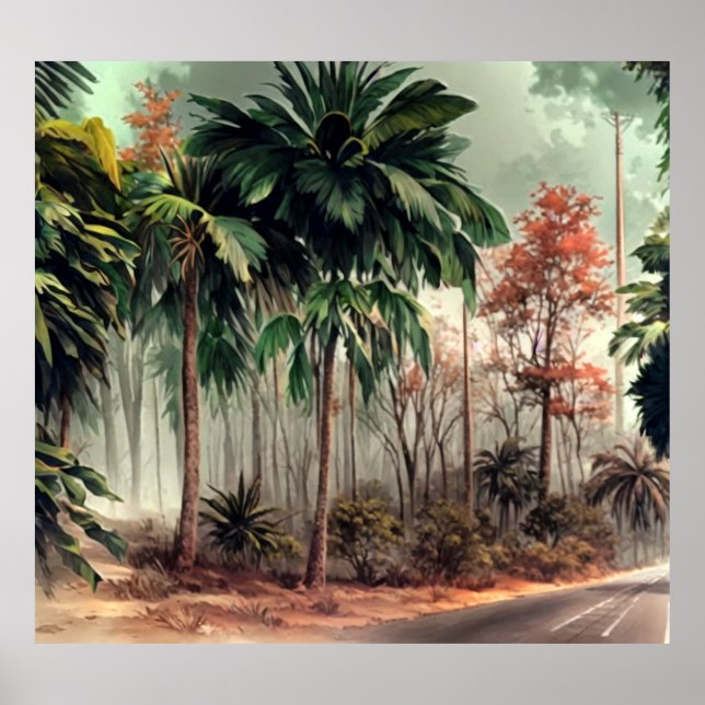 Póster Árboles a un lado de una carretera de campo (Frente)