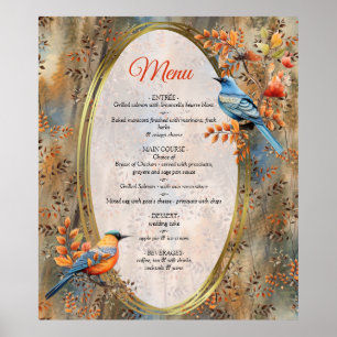 Póster Árboles altos, hojas otoñales y aves azules.