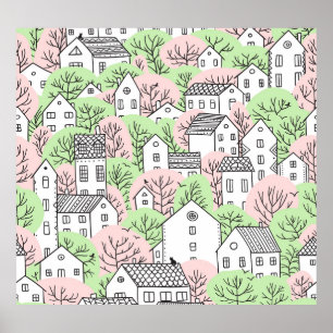 Póster Árboles, casas, paisaje de la ciudad primaveral