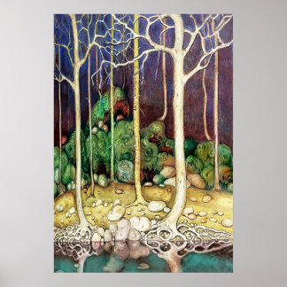 Póster Árboles con raíces en el lago