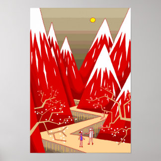Póster Árboles de ciruela y montañas teñidas de rojo.