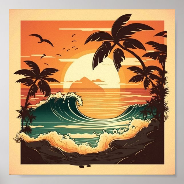 Póster Árboles de coco y olas oceánicas (Frente)