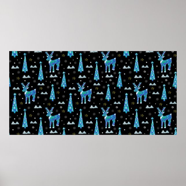 Póster Árboles de Navidad, copos de nieve de renos. Ilumi (Frente)