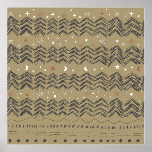 Póster Árboles de Navidad, estrellas y copos de nieve en 