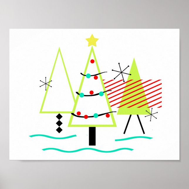 Póster árboles de navidad modernos de mediados de siglo r (Frente)