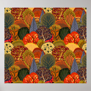 Póster Árboles de otoño estilizados, patrones de bosques