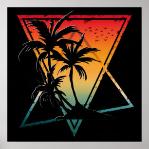 Póster árboles de palma vintage de verano puesta de sol r