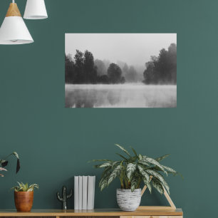 Póster Árboles desapareciendo en la niebla matutina sobre