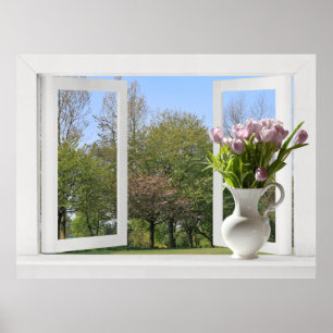Póster Árboles en primavera - Vista de ventana abierta co