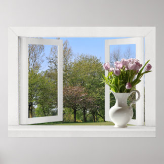 Póster Árboles en primavera - Vista de ventana abierta co