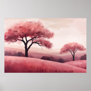 Póster Árboles florales rosados paisaje de colinas ondula