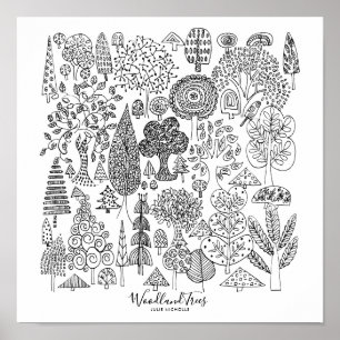 Póster Árboles frutales Ilustracion blanco y negro