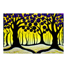 Árboles frutales púrpura con fondo amarillo negrit