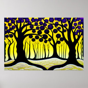 Póster Árboles frutales púrpura con fondo amarillo negrit
