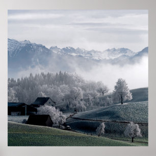 PÓSTER ÁRBOLES JUNTO A LA MONTAÑA DE NIEVE CAPPEADA DURAN