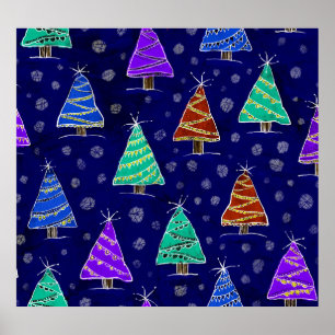 Póster Árboles navideños acuarelas: Patrón forestal.