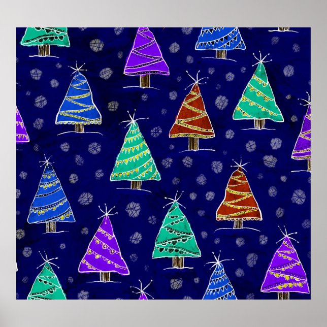 Póster Árboles navideños acuarelas: Patrón forestal. (Frente)