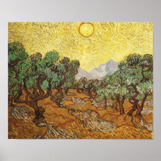 Póster Árboles olivos Bella Artes de cielo amarillo y sol (Frente)