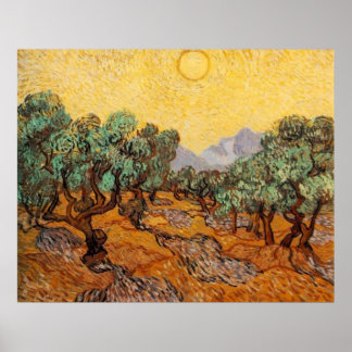 Póster Árboles olivos con cielo amarillo y sol