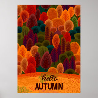 Póster Árboles otoñales coloridos modernos, Hola Otoño