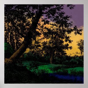 Póster Árboles por estanque al atardecer
