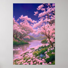 Póster Árboles sakura en la ribera del río Serene