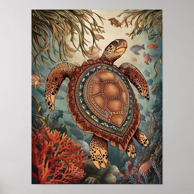 Póster Árboles tribales de tortuga: caparazón geométrica  (Frente)