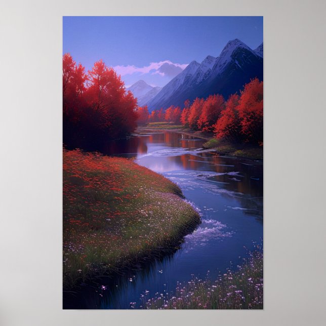 Póster Árboles y flores rojas a orillas del río (Frente)