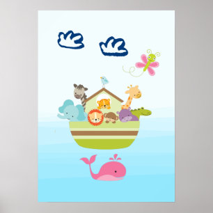 Póster Arca de animales lindos con una mariposa y ballena
