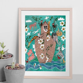 Póster Arca de Noé infantil azul turquesa lindo para niño