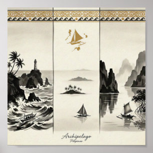Póster Archipiélago-Tres Mares de Filipinas Sumi-e