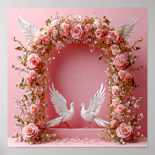 Póster Arco de Boda Rosas Rosadas Palomas Blancas 🌸🕊️💖