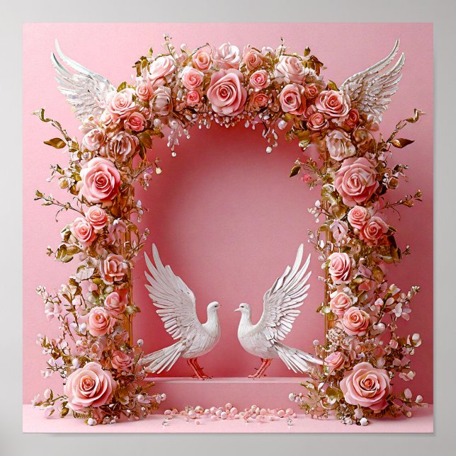 Póster Arco de Boda Rosas Rosadas Palomas Blancas 🌸🕊️💖 (Frente)