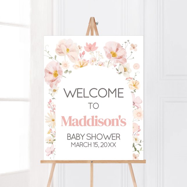 Póster Arco de flores silvestres Baby in Bloom Bienvenida (Boho Arch Wildflower Baby in Bloom Baby Shower Welcome Sign)