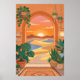 Póster Arco del desierto boho con puesta de sol y dunas,