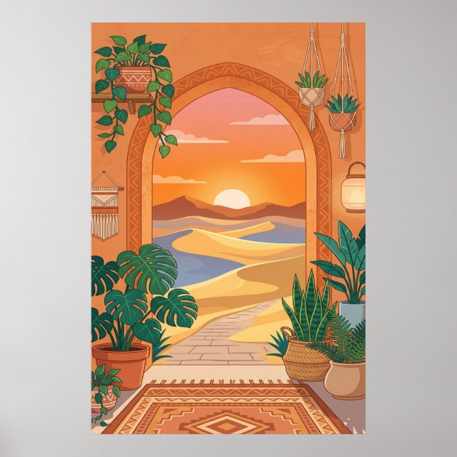 Póster Arco del desierto boho con puesta de sol y dunas,  (Frente)
