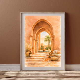 Póster Arco Marroquí Acuarela Riad con Fuente
