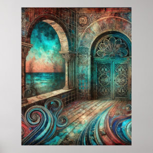 Póster Arco místico con puertas ornamentadas y vista al o