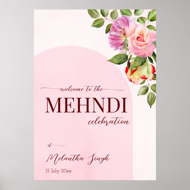 Póster Arco rosado con rosas bienvenida de mehndi persona (Frente)