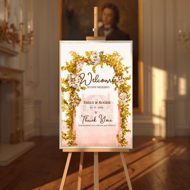 Póster Arco Rústico de Jardín Bienvenida de Boda en el Ca (Rustic Garden Arch Wedding Welcome Sign Elegant Watercolor Floral Countryside Wedding Poster)