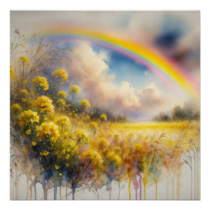 Póster Arcoiris acuático sobre prado de flores silvestres