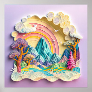 Póster Arcoíris de Montañas Recorte de Papel