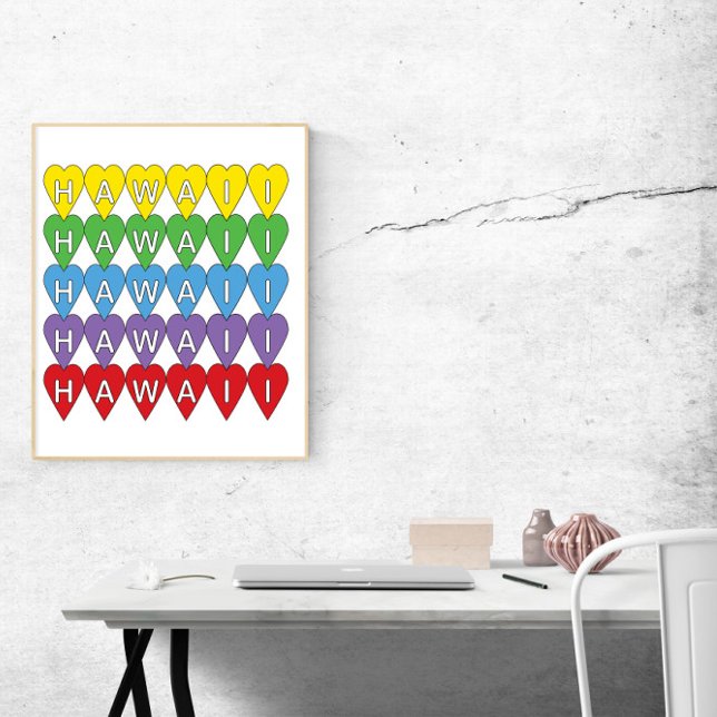 Póster Arcoiris del corazón de Hawái (A poster that says Hawaii with yellow, green, blue, purple and red hearts)
