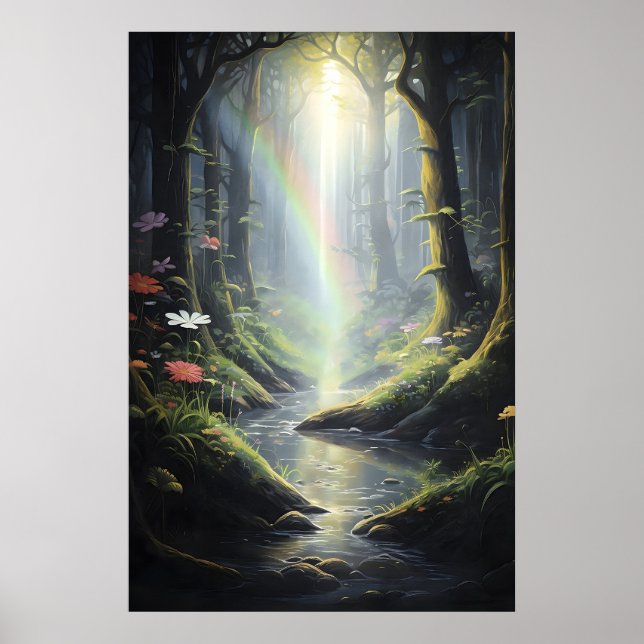 Póster Arcoíris en Bosque Mágico, Bosque Verde Oscuro Con (Frente)