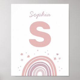Póster Arcoiris lindo rosa y morado. Nombre monograma niñ