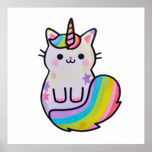 Póster Arcoiris unicornio de gato blanco