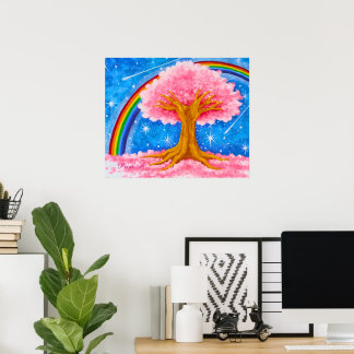 Póster Arcoíris y flor de cerezo