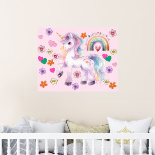 Póster Arcoiris y flores de unicornio coloridas