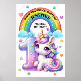 Póster Arcoiris y unicornio primer Fiesta de cumpleaños
