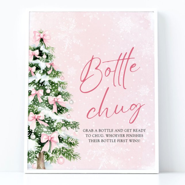 Póster Arcos de árbol de Navidad Baby Shower Bottle Chug  (Pink Bows Christmas Tree Baby Shower Bottle Chug Sign)